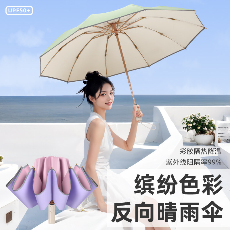自动彩胶晴雨伞两用女太阳伞反向防晒防紫外线高颜值学生上学专用