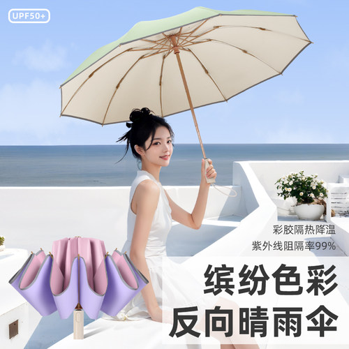 自动彩胶晴雨伞两用女太阳伞反向防晒防紫外线高颜值学生上学专用