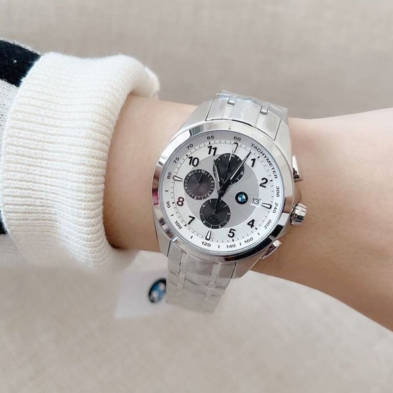 bmw宝马手表时尚三眼计时码表男女石英表银色钢带欧美腕表bmw8004