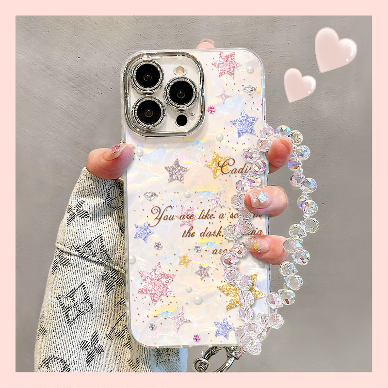 适用苹果16贝壳纹闪粉星星手机壳