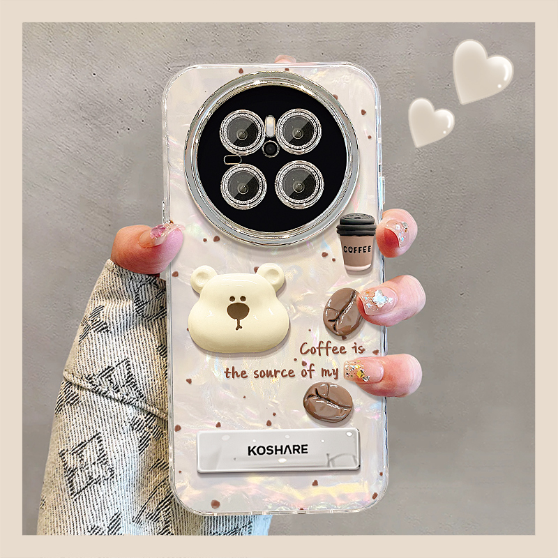 适用mate70贝壳纹咖啡小熊手机壳