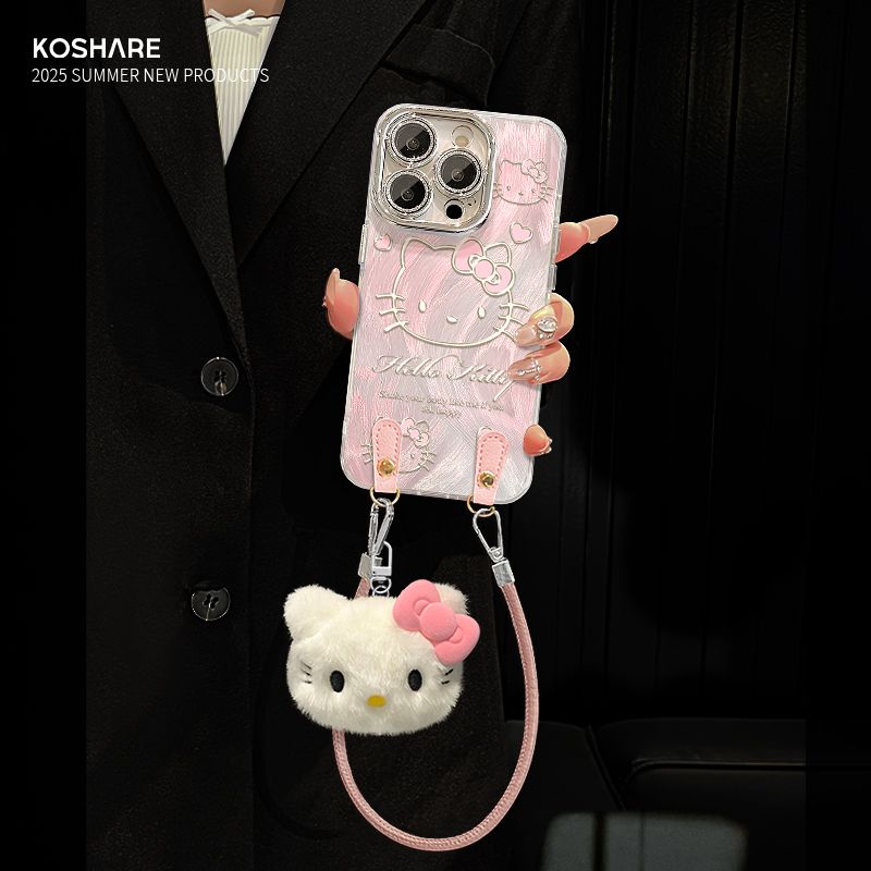 适用苹果17promax手机壳夏天新女款16pro羽纱iPhone14粉色kt猫公仔挂绳13超火15plus全包镜头膜12高级感套11