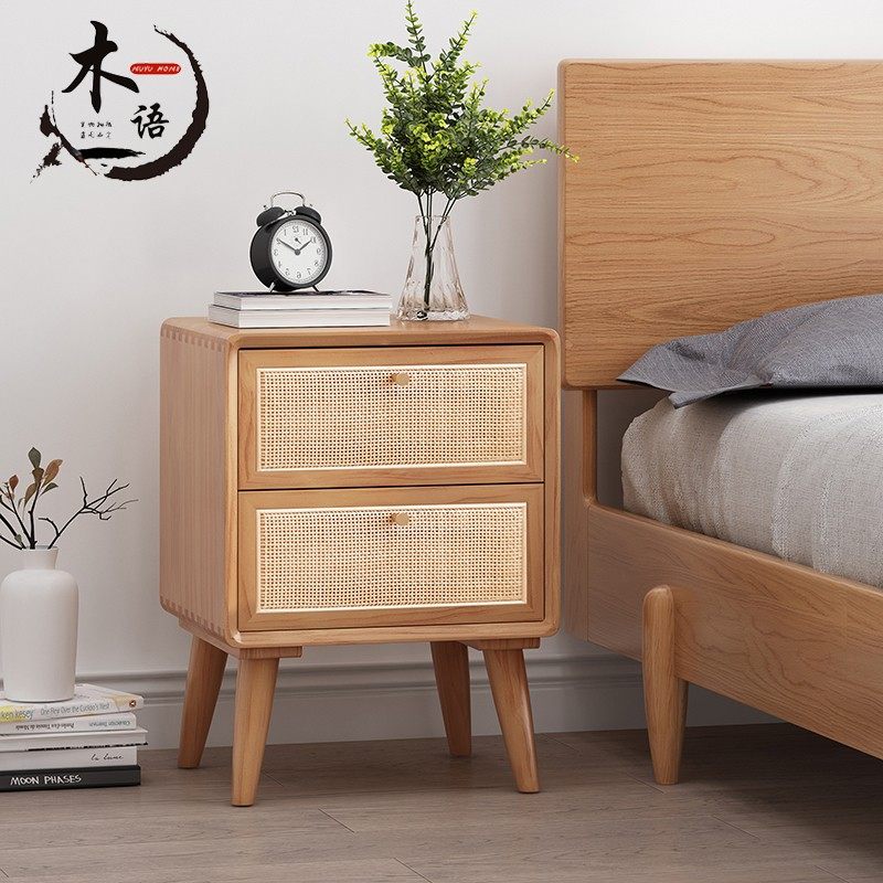 北欧藤编床头柜日式卧室小型储物柜网红民宿实木床边柜床头北欧柜