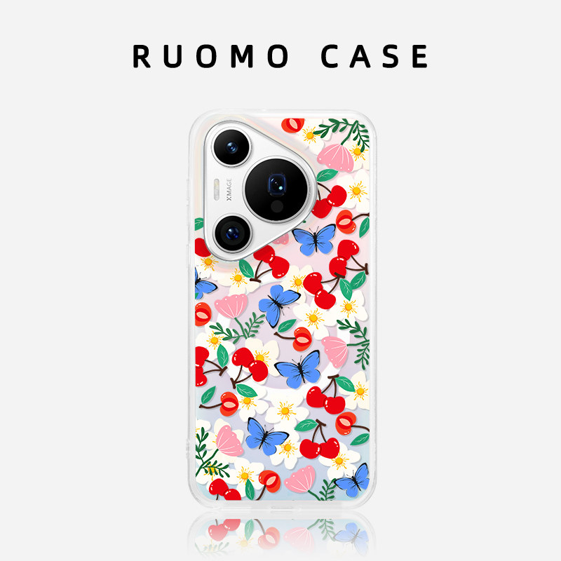 若墨适用华为Pura70Pro手机壳新款70ultra女镭射磁吸渐变高级感带挂绳夏天P60Pro创意彩色蝴蝶时尚复古花卉
