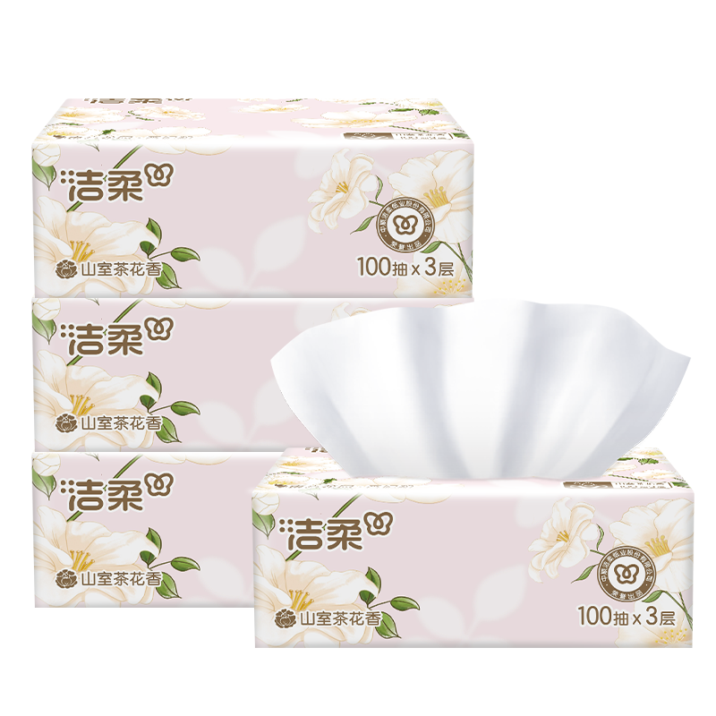 【天猫U先】洁柔抽纸山茶花香纸巾可湿水面巾纸 3层100抽*4包