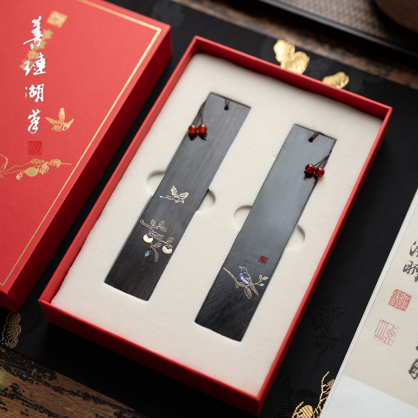 善琏湖笔事事如意书签礼盒实木紫光檀手工螺钿铜创意古风礼物木质高档简约套装文创礼品实用古典国风老师送礼