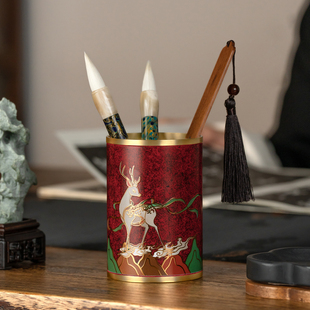 善琏湖笔九色鹿黄铜笔筒文房四宝笔墨纸砚毛笔实用型中式轻奢高级感办公室桌面摆件创意收纳高颜值大容量雅器