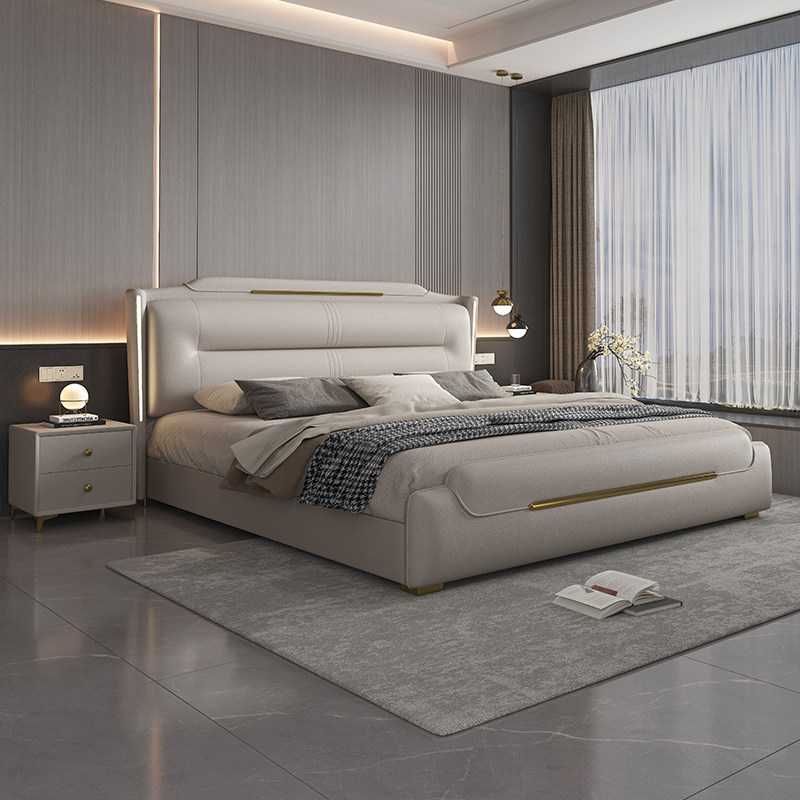 意式轻奢真皮床现代简约床带灯双人2.2米储物高端床1.5x1.8米大床