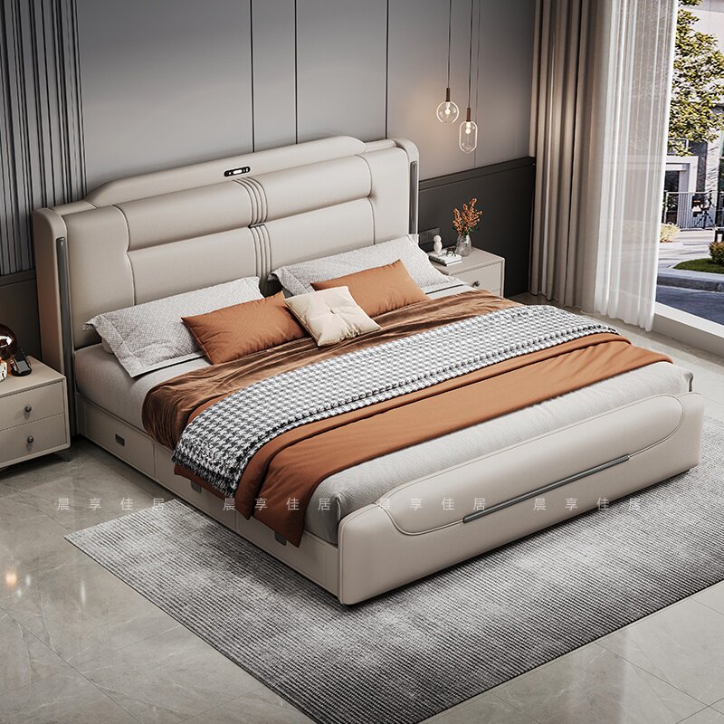 意式轻奢2.2米多功能真皮床高端大气1.5x1.8米床时尚网红双人大床