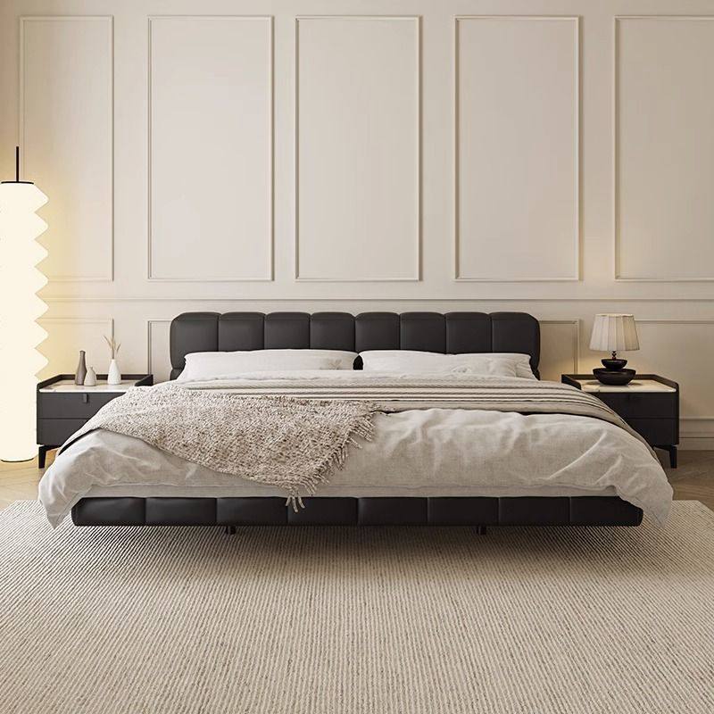 意式泡芙极简风悬浮床2米黑色高端大气1.5米真皮床1.8米双人大床