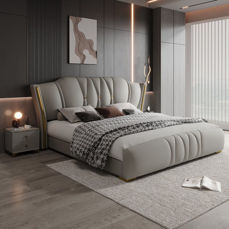 意式轻奢真皮床现代简约高端网红时尚软包床双人极简豪华储物大床