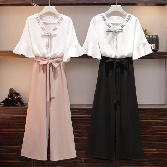 Large 2019 new pattern By age Cover the belly Show thin Blouse Wide leg pants Ninth pants suit Western style Two piece setin the Women's clothing/Boutique , Large size women  category - from Buy2taobao.com to provide professional Taobao agent buy service