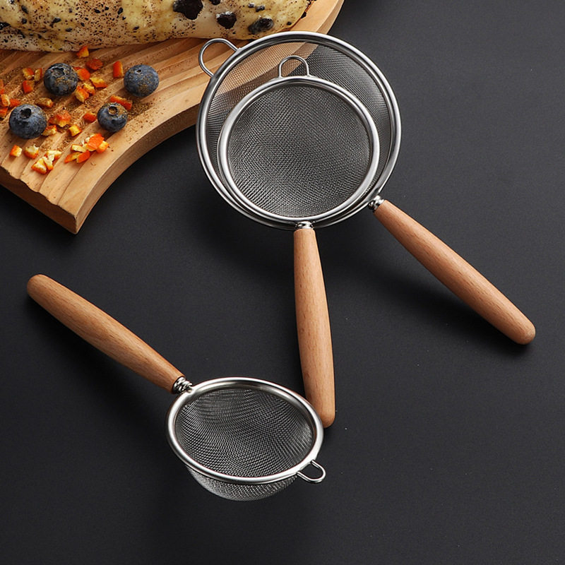 304不锈钢网漏 木柄小巧网漏勺多规格滤网勺烘焙面粉筛果汁过滤器