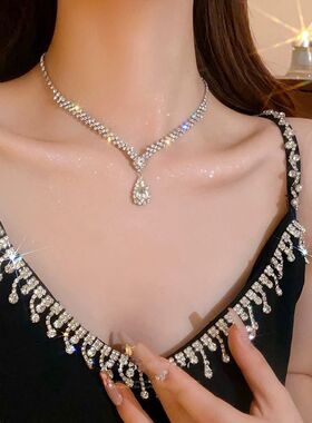 新款超闪气质水钻项链新娘婚礼宴会首饰闪钻高级感颈链锁骨链