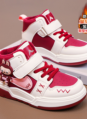ABC defier女童鞋子红色拉布布加绒二棉鞋2026冬保暖运动高帮板鞋