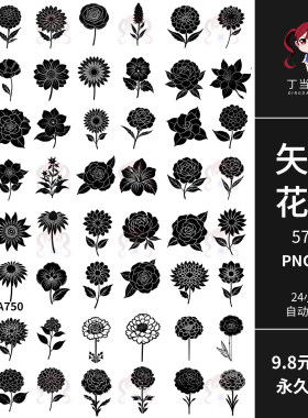 黑色花卉花朵植物玫瑰月季雏菊康乃馨AI矢量PNG免抠图可商用素材