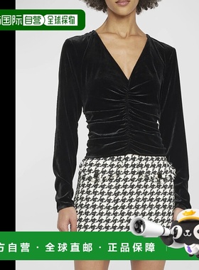 自营 Veronica Beard 女式 Pelona 长袖 V 领修身褶皱上衣黑色 -