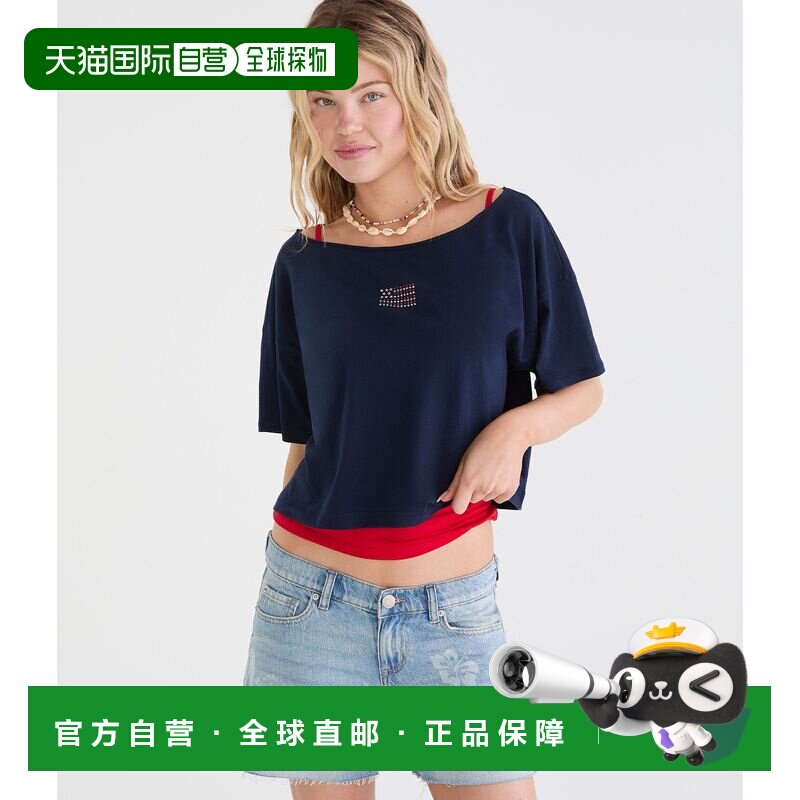自营Aeropostale严重柔软的美国国旗露肩男友图形t恤-海军402 美