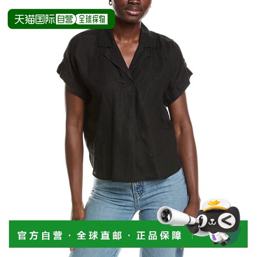 自营EILEEN FISHER Notch Collar Linen Top - black 美国奥莱直
