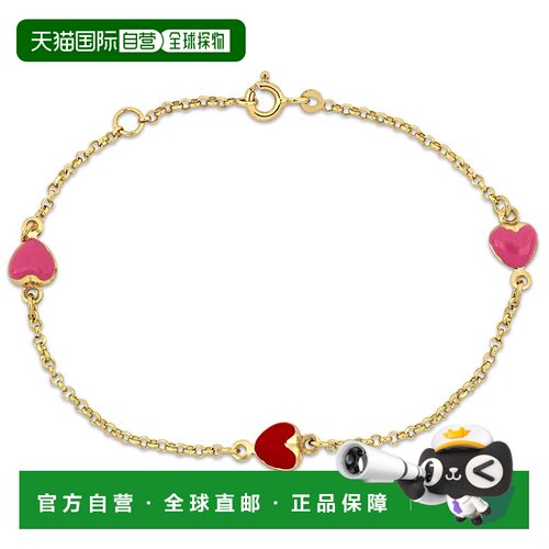 自营Mimi & Max 儿童粉色和红色珐琅心形吊饰 Rolo 链环手链 14k