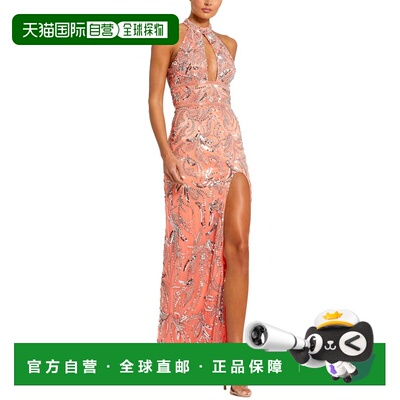 自营Mac Duggal高领点缀网眼长袍，开缝-珊瑚色 美国奥莱直发长裙