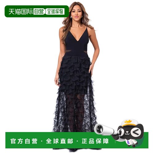 自营Xscape连衣裙女黑色网眼无袖荷叶边v领派对FROG479-黑色 美国