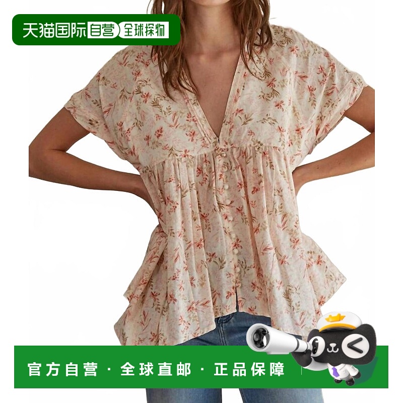 自营by together米色花朵印花V领短袖上衣 美国奥莱直发