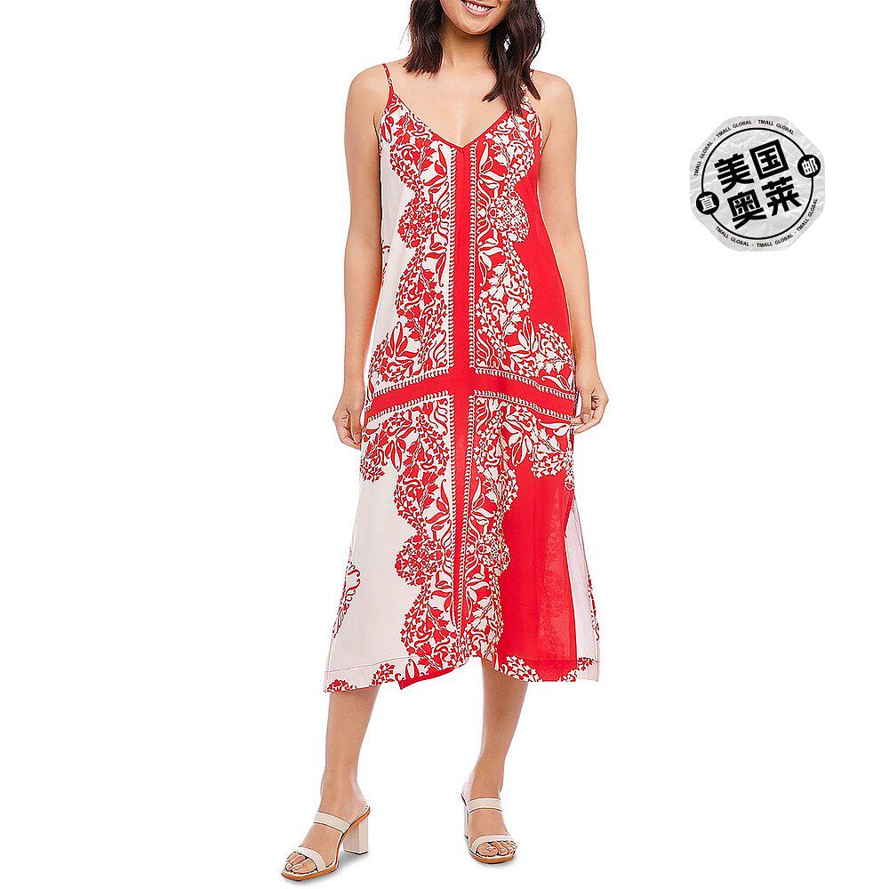 karen kane女式侧开衩中长款太阳裙 - 白色/红色 【美国奥莱】直