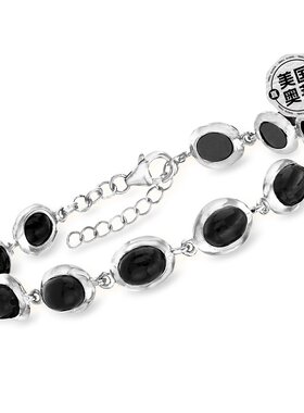 925 纯银 Ross-Simons 黑色缟玛瑙凸圆形手链 - 8 英寸 【美国奥