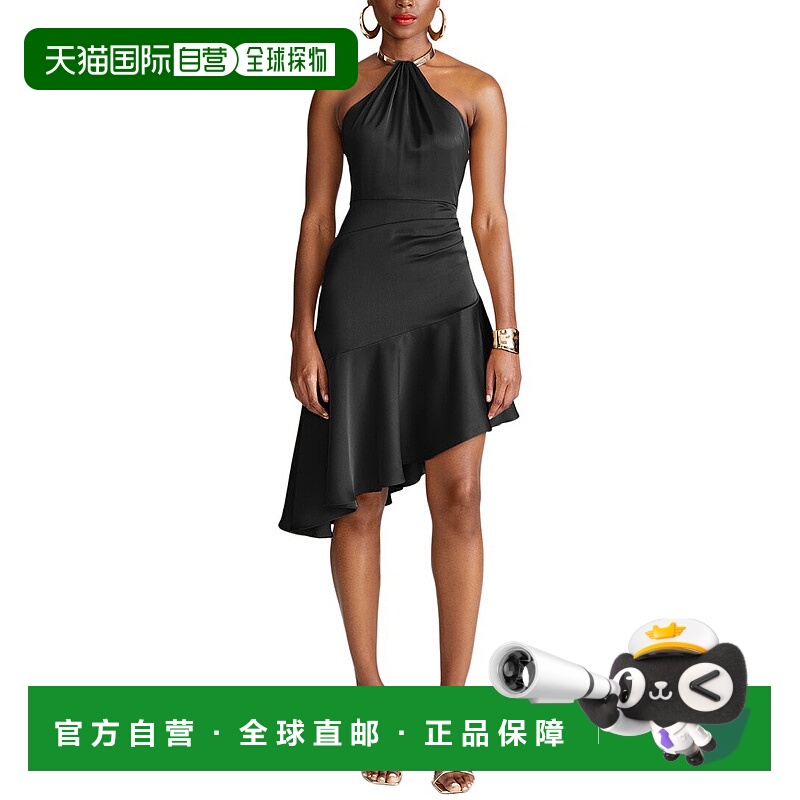 自营 Halston Beverly缎面合身喇叭裙-黑色 美国奥莱直发连衣裙