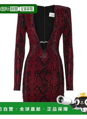 自营philipp pleinLong-Sleeved Mini Dress Python Strass - red