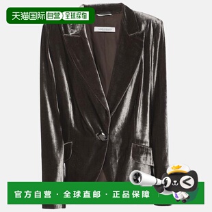 自营Marina Rinaldi Metallic Grey Velvet Single Breasted Blaz