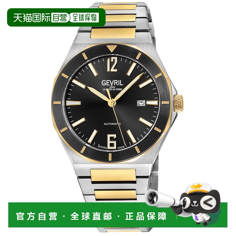 自营 Gevril 男士高线自动手表不锈钢表壳,黑色蓝宝石水晶顶环,