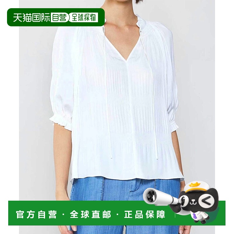 自营current airSusana白色短袖前系带缎面上衣 美国奥莱直发