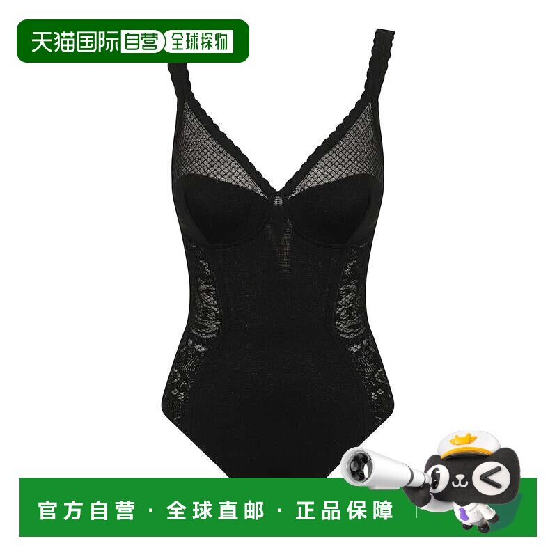 自营elisabetta franchi合身网眼蕾丝镶嵌针织紧身衣-黑色 美国奥