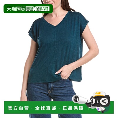 自营EILEEN FISHER V领方形亚麻T恤-蓝色 女装上衣美国直发奥莱