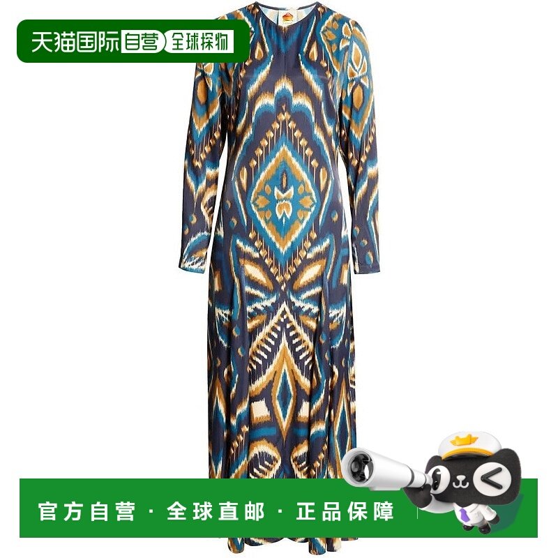 自营 Farm Rio 女士长袖缎面长裙，菠萝伊卡特蓝色 - 心形伊卡特