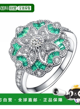 自营 GENEVIVE 纯银翡翠立方氧化锆花卉鸡尾酒戒指 - 绿色 美国奥