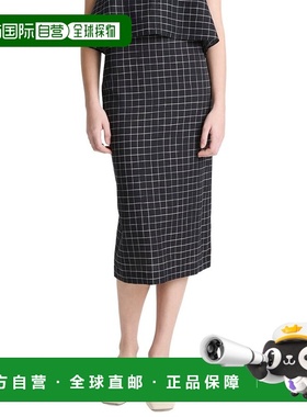 自营Vince Linen-Blend Trellis Plaid Pencil Skirt - black 美