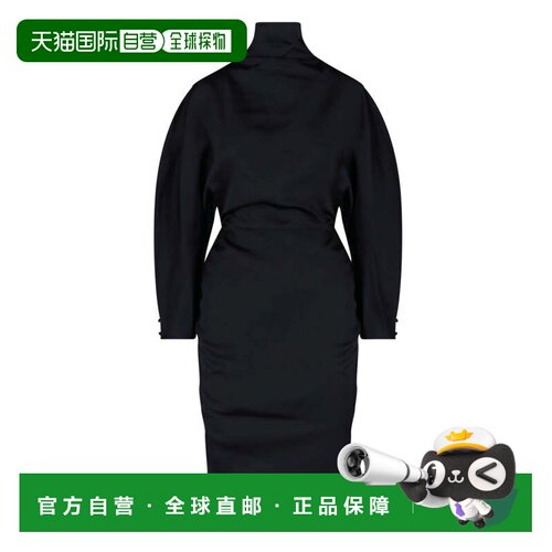 自营khaite高领缎面迷你连衣裙，腰部合身黑色 美国奥莱直发