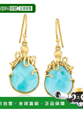 自营Ross-Simons Larimar 章鱼 18kt 金吊式耳环 - 蓝色 美国奥莱