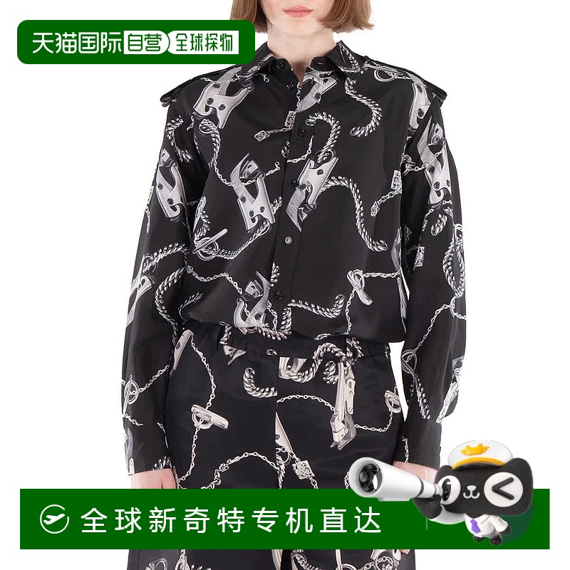 自营 Burberry长袖骑士五金丝绸衬衫-银色/黑色 【美国奥莱】直发