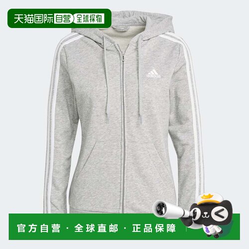 自营女士adidas Essentials法国毛圈3条纹全拉链连帽衫-中灰色石/