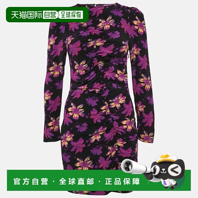 自营Maje Black Floral Ruched Long Sleeve Mini Dress - black