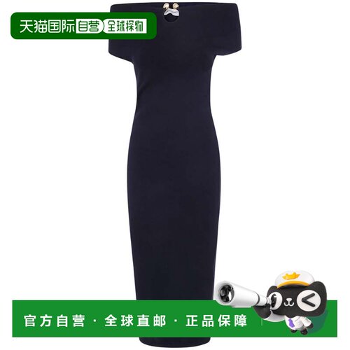 自营alberta ferretti露肩中长款珍珠装饰连衣裙-黑色 美国奥莱直