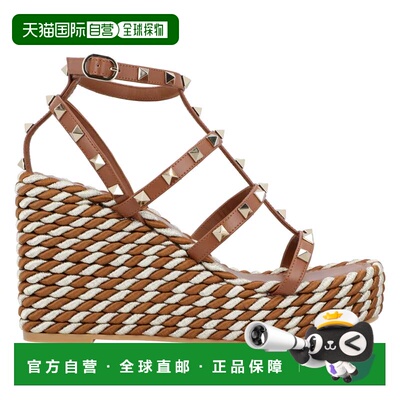自营valentinoRockstud Calfskin Wedges With Straps - brown 美