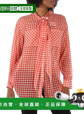 自营 Burberry Gingham Silk雪纺Pussy蝴蝶结衬衫-红色图案 美国