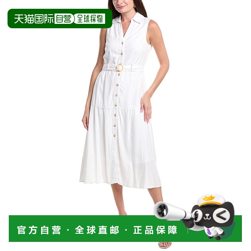 自营nicole miller妮可 米勒玉亚麻混纺迷笛连衣裙-白色 美国奥莱
