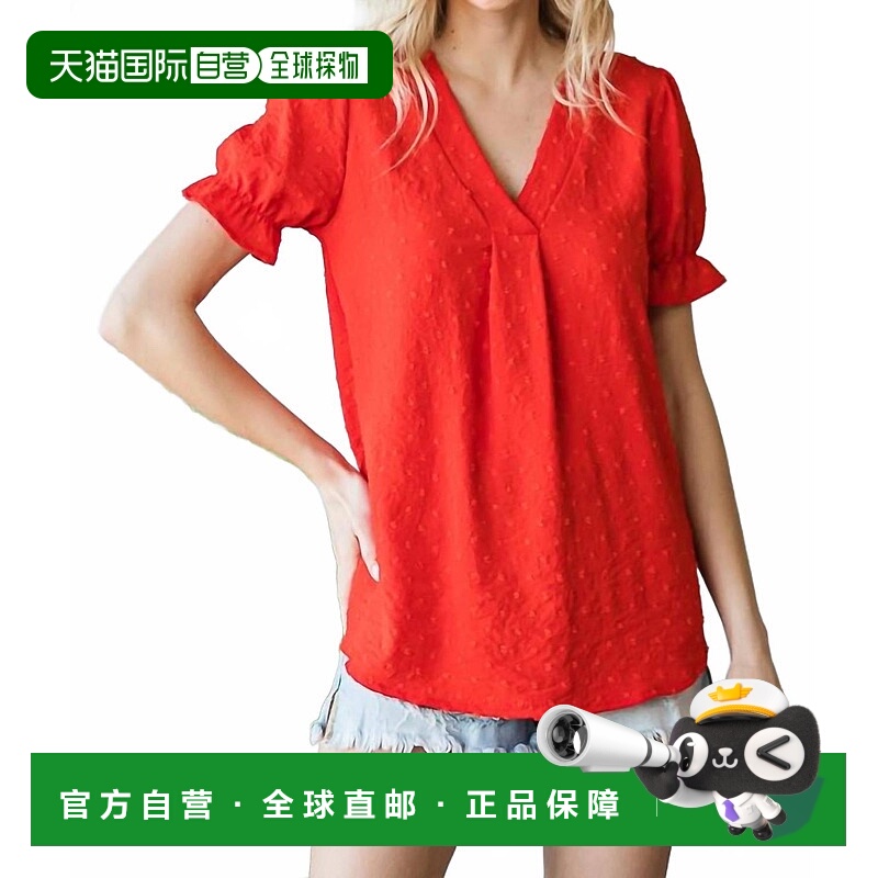 自营7th rayV-Neck Swiss Dot Ruffle Short Sleeve Blouse In Re