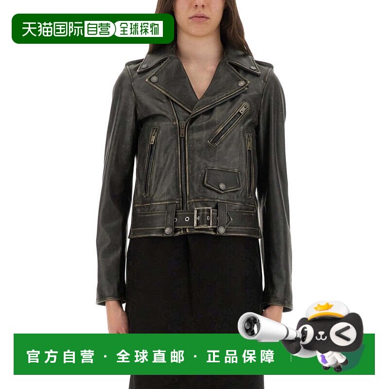 自营golden gooseDistressed Leather Biker Jacket - black 美国图片